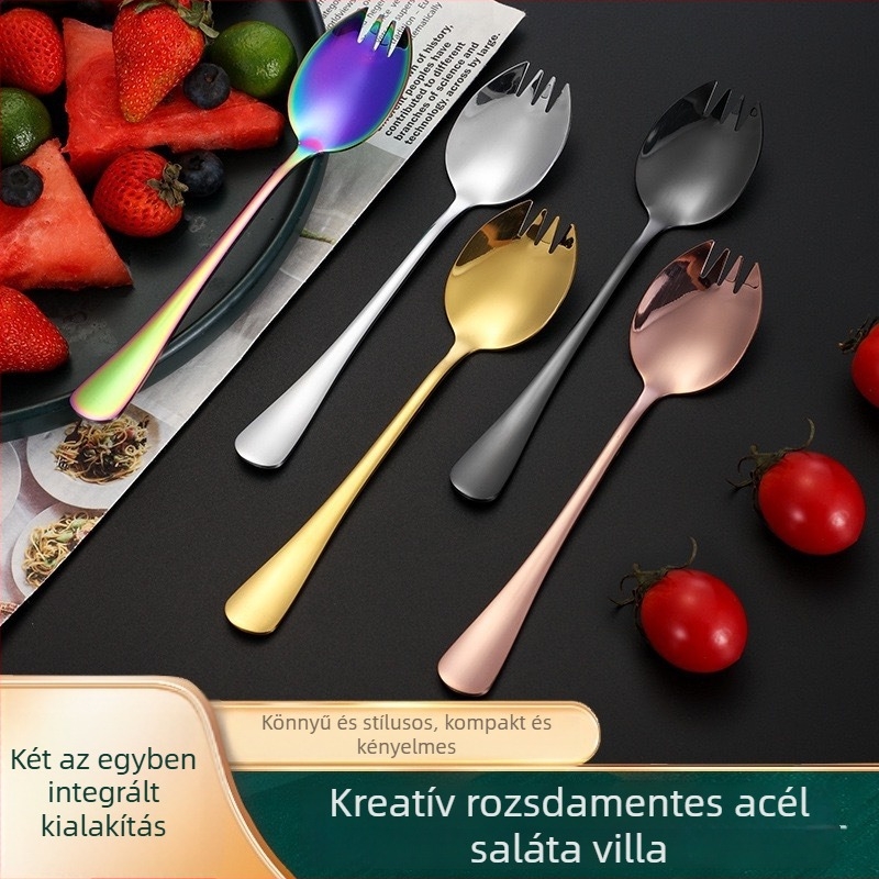 1010 rozsdamentes acélból készült salátavilla hosszú nyéllel, vastagított kialakítás, gyümölcs- és desszerthez; otthonra, hotellébe és étterembe