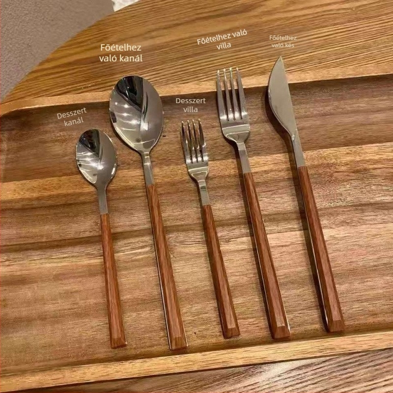 410 rozsdamentes acél steak evőeszköz készlet – kés, villa és desszertkanál, hosszú nyél, francia stílusú