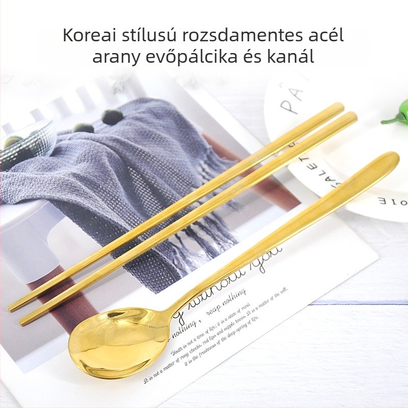 Koreai stílusú titan bevonatú arany rozsdamentes acél evőpálcikák és kanál készlet