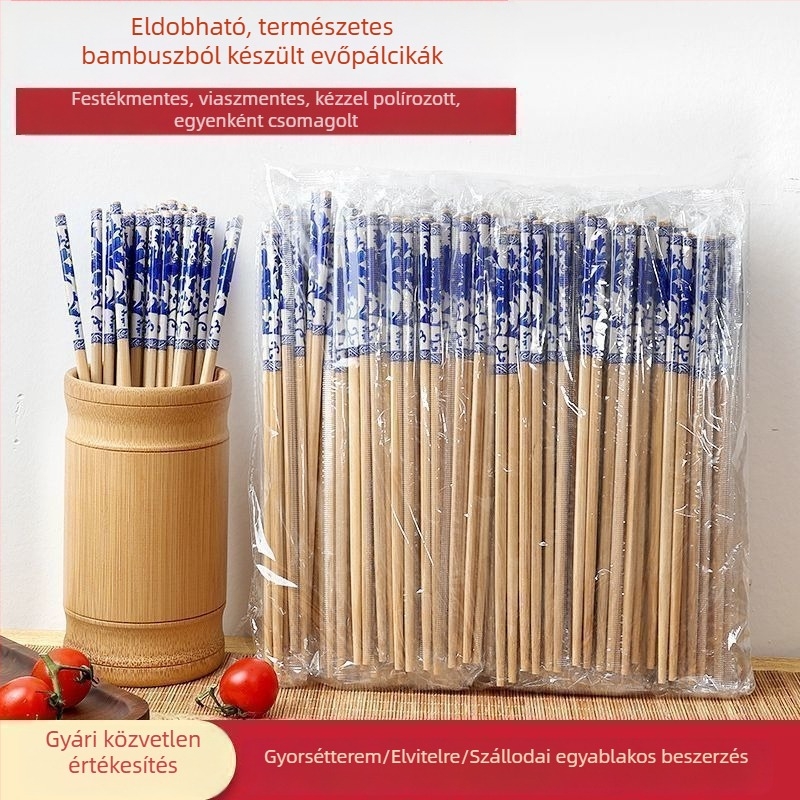 Egyszer használatos bambusz evőpálcikák kék‑fehér porcelán mintával, egyenként csomagolva, 5,5 hüvelykes hosszúságú, vastított kivitel, háztartási használatra, kiváló minőség