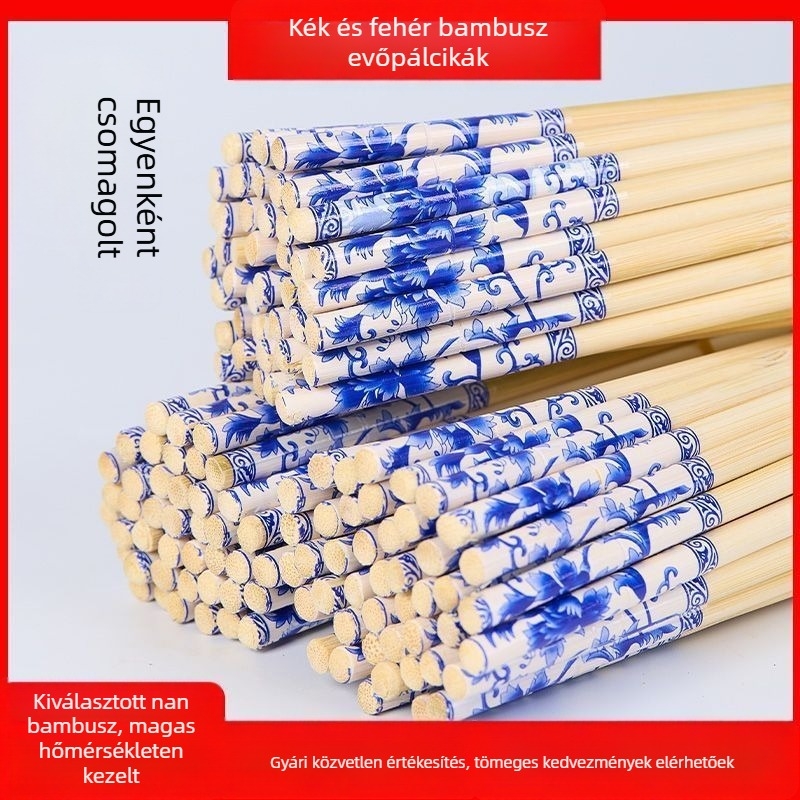Egyszer használatos bambusz evőpálcikák kék‑fehér porcelán mintával, egyenként csomagolva, 5,5 hüvelykes hosszúságú, vastított kivitel, háztartási használatra, kiváló minőség