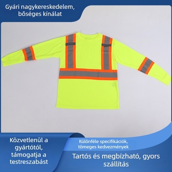 Magas láthatóságú, hosszú ujjú biztonsági T-shirt narancssárga szegéllyel és reflexiós csíkokkal, kerek nyakú.
