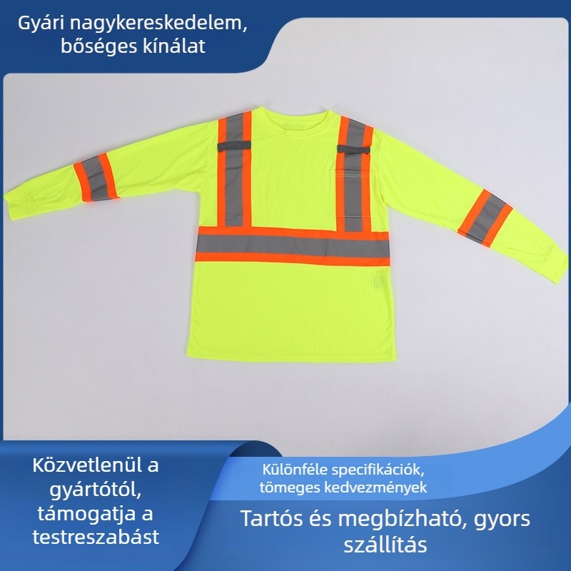 Magas láthatóságú, hosszú ujjú biztonsági T-shirt narancssárga szegéllyel és reflexiós csíkokkal, kerek nyakú.