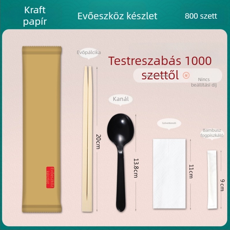 Egyszer használatos bambusz evőpálcák és kanál készlet, négy darabos
