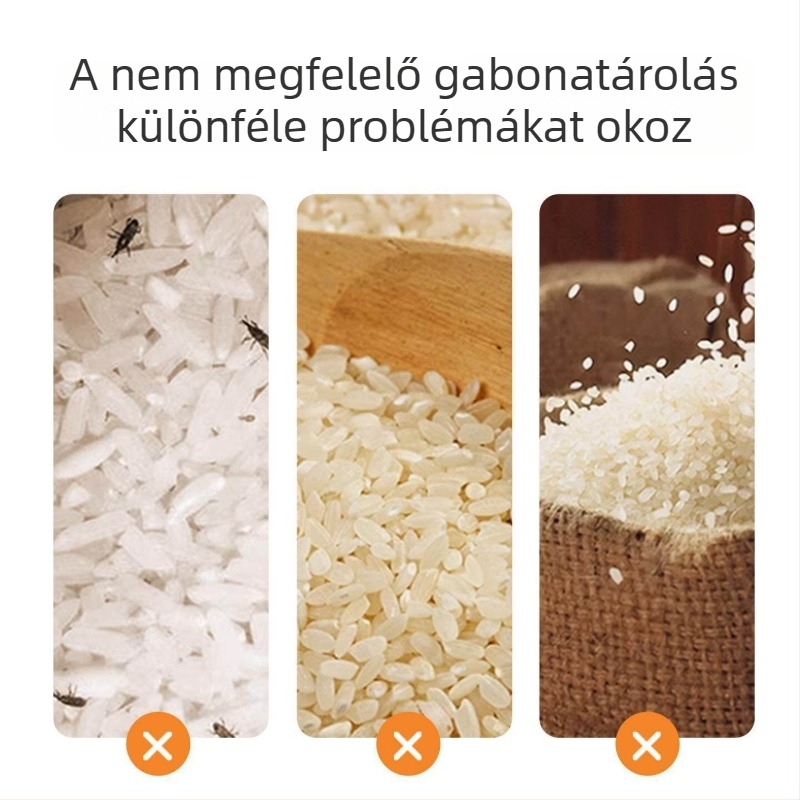 Nagy kapacitású gabona- és rizstároló, nyomógombos zárófedél, nedvesség- és rovarálló