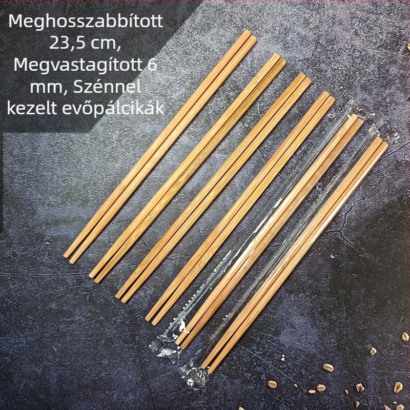 Hosszabbított és vastag egyszer használatos evőpálcikák elvitelre, higiénikus karbonizált bambuszból, egyedi csomagolásban háztartási és vendéglátóipari használatra