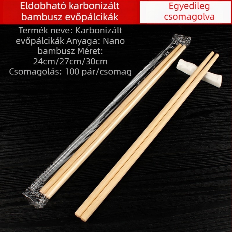 Egyszer használatos karbonizált bambusz evőpálcikák, 100 pár, egyénileg csomagolva, hosszú, kereskedelmi cateringhez