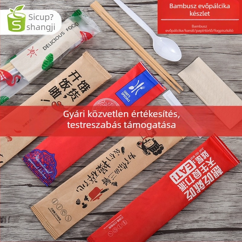 Személyre szabott egyszer használatos bambuszpálcikák készlete Kraft papír csomagolással, négy darabos készlet