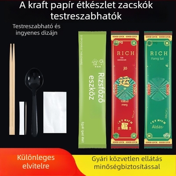 Egyszer használatos evőeszközök készlet: evőpálcikák, kanál, villa és kés egyedi logóval