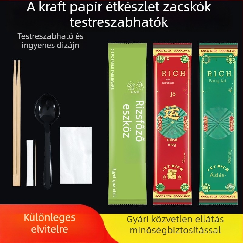 Egyszer használatos evőeszközök készlet: evőpálcikák, kanál, villa és kés egyedi logóval
