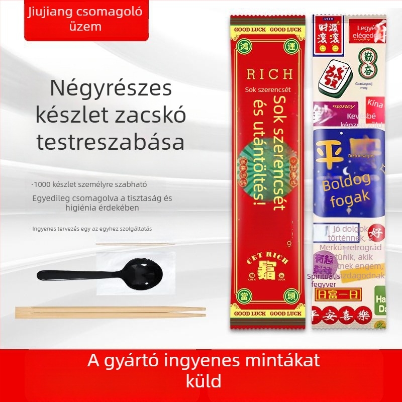 Egyszer használatos evőeszközök készlet: evőpálcikák, kanál, villa és kés egyedi logóval