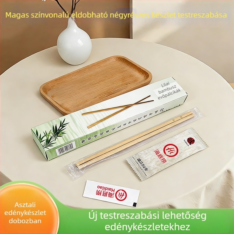 Dobozos prémium evőeszköz-készlet: biológiailag lebomló egyszer használatos pálcikák, kanál, villa és kés, négy darabos