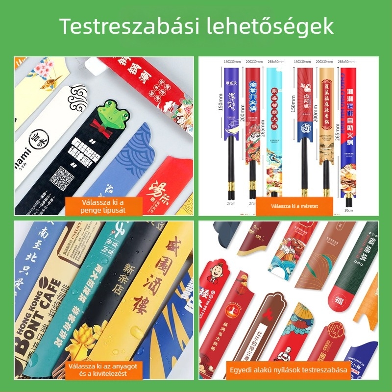 Egyszer használatos chopstick készlet papírtokkal a logó nyomtatásához, laminált bevonattal, olaj- és szennyeződésálló