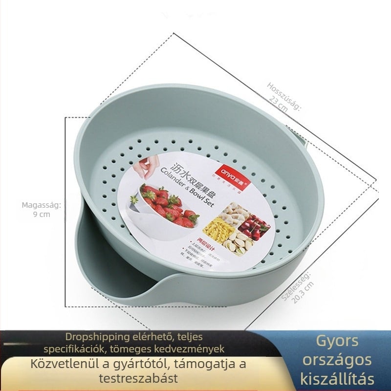 Levehető, kétszintes gyümölcstál és snacktároló, kör alakú formatervezés, hely a magok és gyümölcsök tárolására