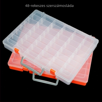 PP műanyag tároló doboz fedéllel, 48 rekesz; kompakt hordozható alkatrész rendező (36,5 × 28,7 × 4,5 cm)