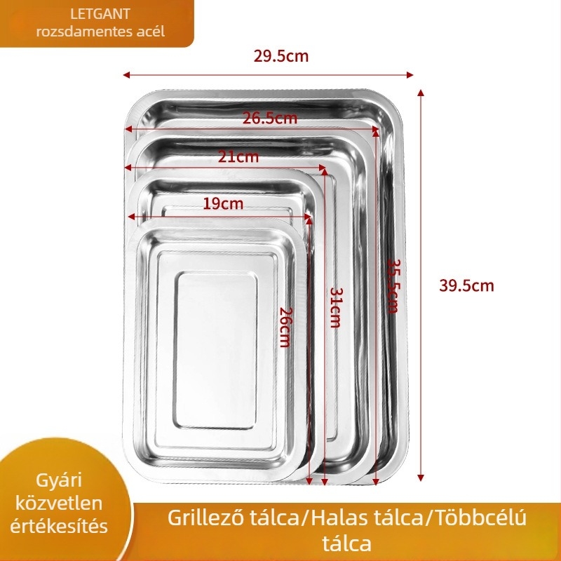 Rozsdamentes acél étkészleti tálca – cateringhez, téglalap vagy négyzet alakú, 27 cm, grillsütőhöz és sült halhoz
