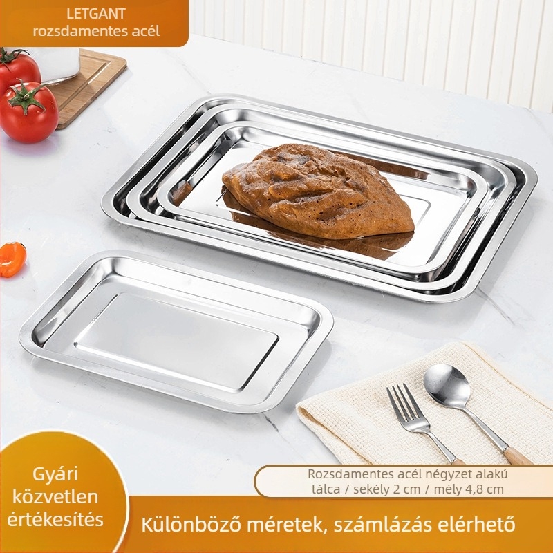 Rozsdamentes acél étkészleti tálca – cateringhez, téglalap vagy négyzet alakú, 27 cm, grillsütőhöz és sült halhoz