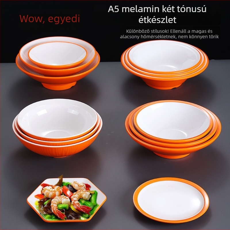 Melamin-szerű porcelán utánzatú tál iskola menzára és gyorséttermekbe, rizs- és ramen tálak, narancs-fehér kétszínű tálca, testre szabott étkészlet