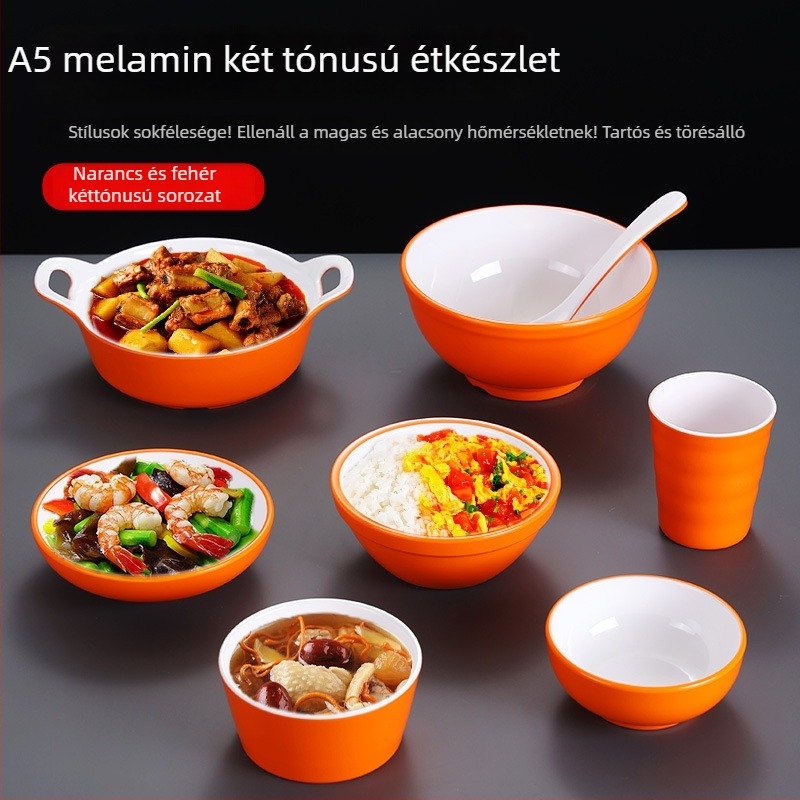 Melamin-szerű porcelán utánzatú tál iskola menzára és gyorséttermekbe, rizs- és ramen tálak, narancs-fehér kétszínű tálca, testre szabott étkészlet