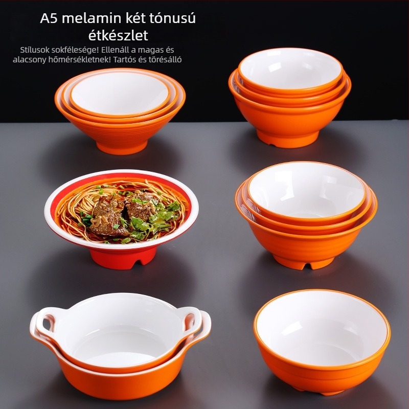 Melamin-szerű porcelán utánzatú tál iskola menzára és gyorséttermekbe, rizs- és ramen tálak, narancs-fehér kétszínű tálca, testre szabott étkészlet