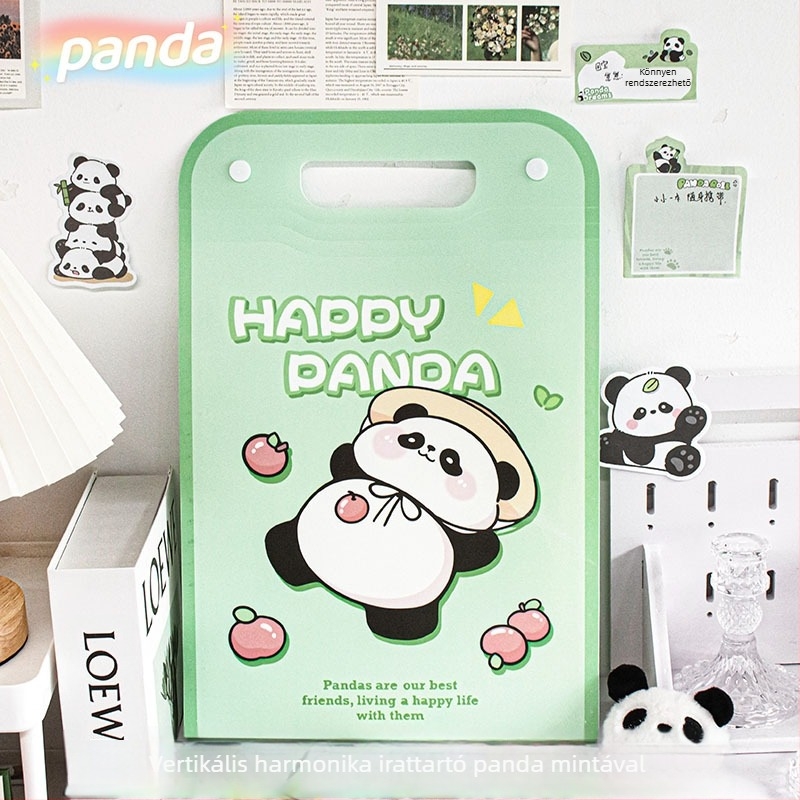 Zöld Panda stílusú akordeon dokumentumtáska, aranyos dizájn, hordozható, vízálló A4-es méret, többrekeszes mappa