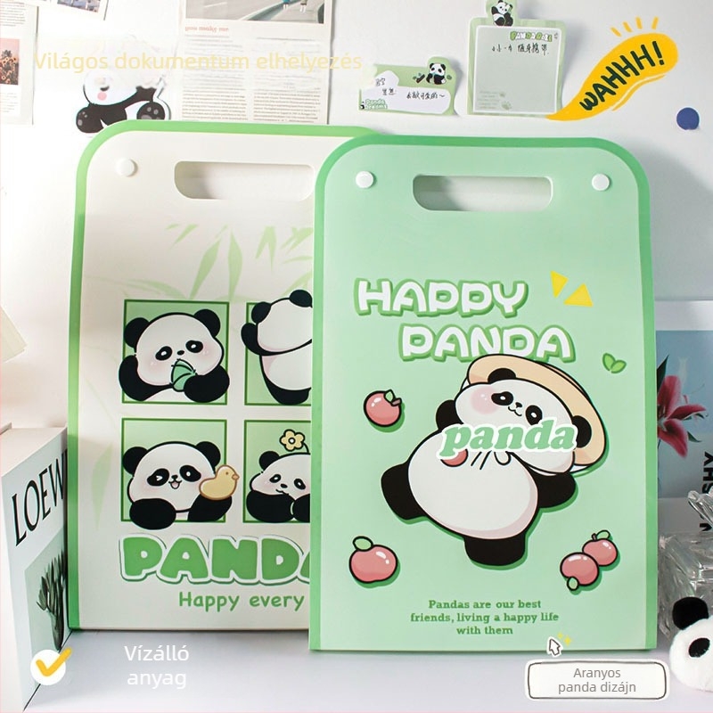 Zöld Panda stílusú akordeon dokumentumtáska, aranyos dizájn, hordozható, vízálló A4-es méret, többrekeszes mappa