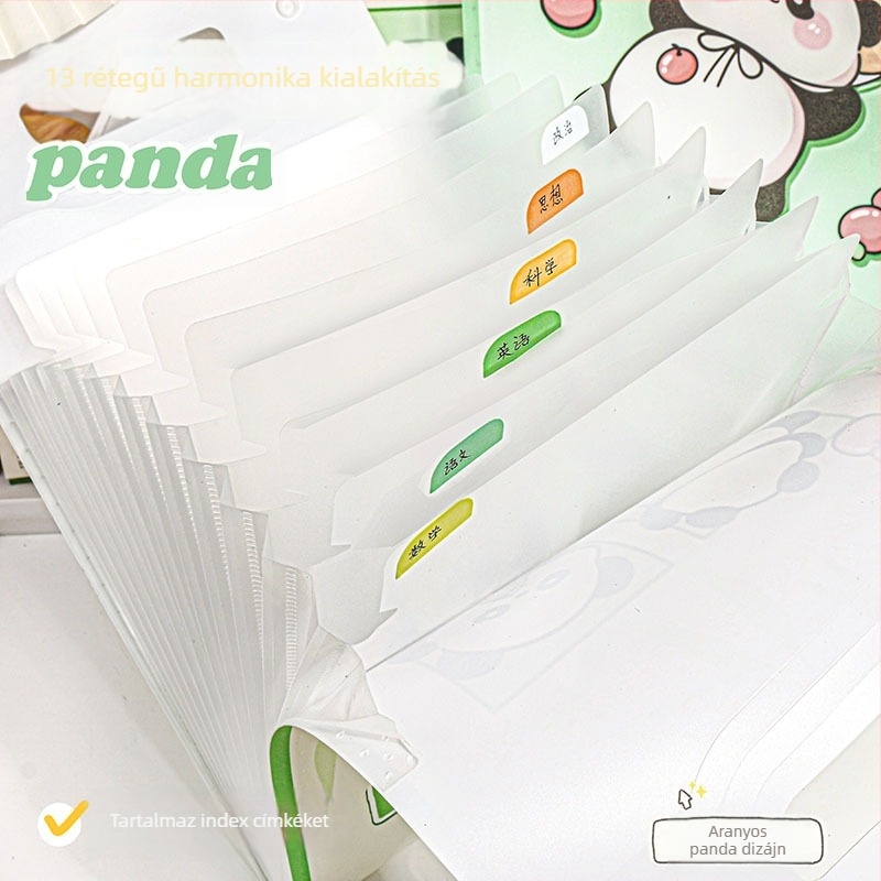 Zöld Panda stílusú akordeon dokumentumtáska, aranyos dizájn, hordozható, vízálló A4-es méret, többrekeszes mappa