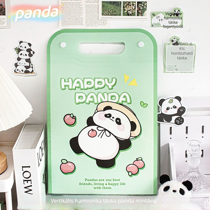 Zöld Panda stílusú akordeon dokumentumtáska, aranyos dizájn, hordozható, vízálló A4-es méret, többrekeszes mappa