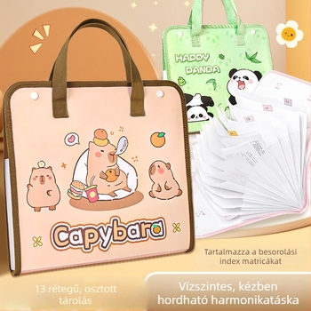 Capybara A4-es hordozható akordeon mappa gyerekeknek, rajzfilmszerű design, nagy kapacitás, 13 rekesz a dokumentumok rendezéséhez