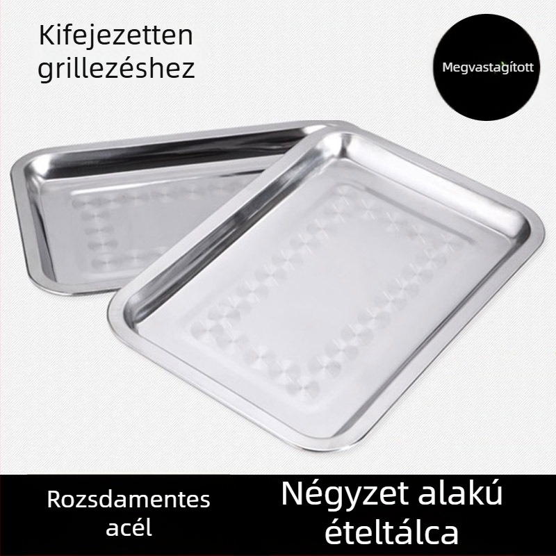 Rozsdamentes acél négyszögletes tál, vastagított, téglalap alakú tál a tálaláshoz, grill tál, sekély rizs tál