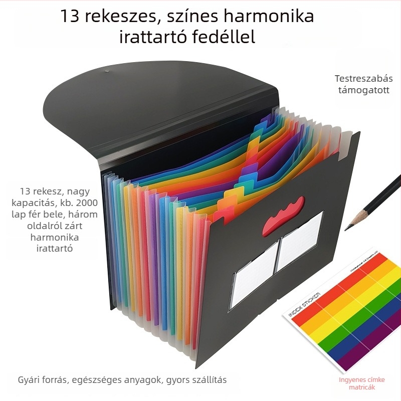 A4-es méretű műanyag 13 rekeszes háromoldalas záródású dosszié, hajtós fedéllel és húzózsinórral