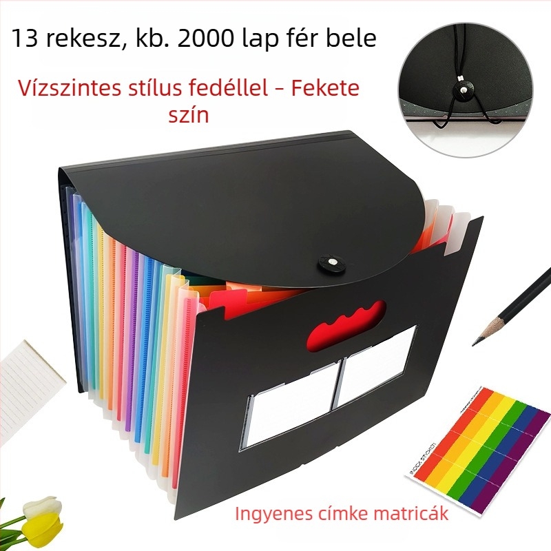 A4-es méretű műanyag 13 rekeszes háromoldalas záródású dosszié, hajtós fedéllel és húzózsinórral