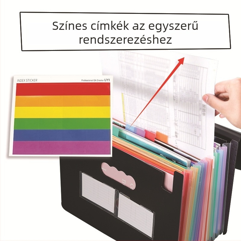 A4-es méretű műanyag 13 rekeszes háromoldalas záródású dosszié, hajtós fedéllel és húzózsinórral