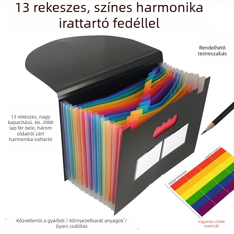 A4-es méretű műanyag 13 rekeszes háromoldalas záródású dosszié, hajtós fedéllel és húzózsinórral
