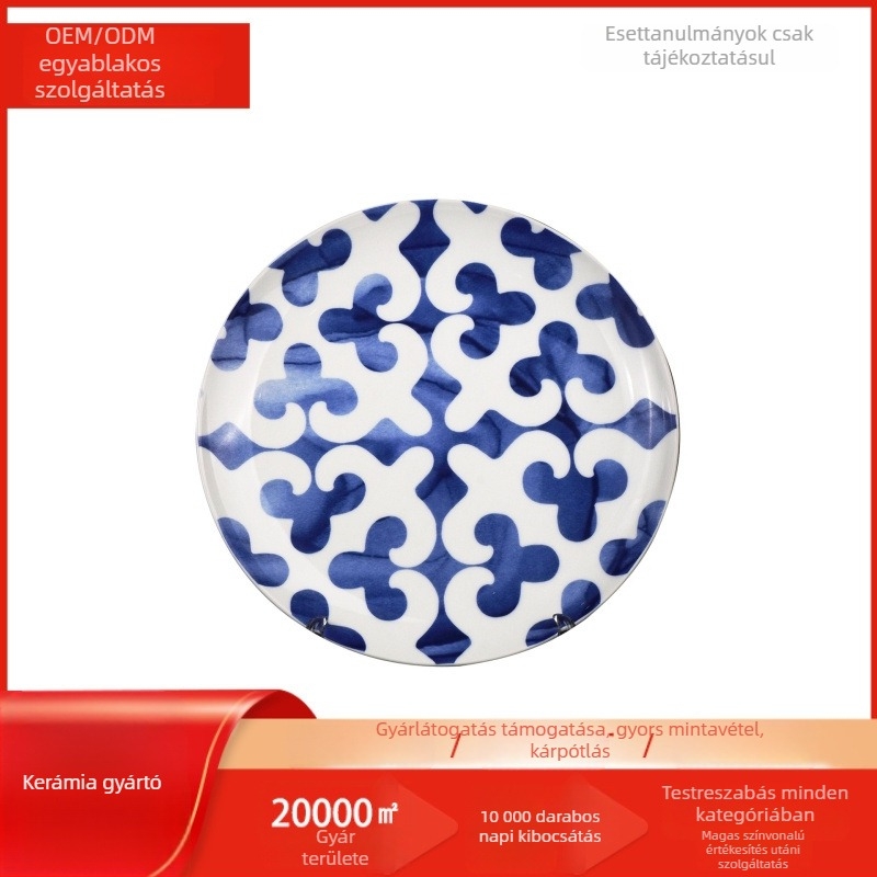 Klasszikus kék-fehér porcelán vacsora tál virág mintával, logóval testreszabható, szállodák és éttermek számára
