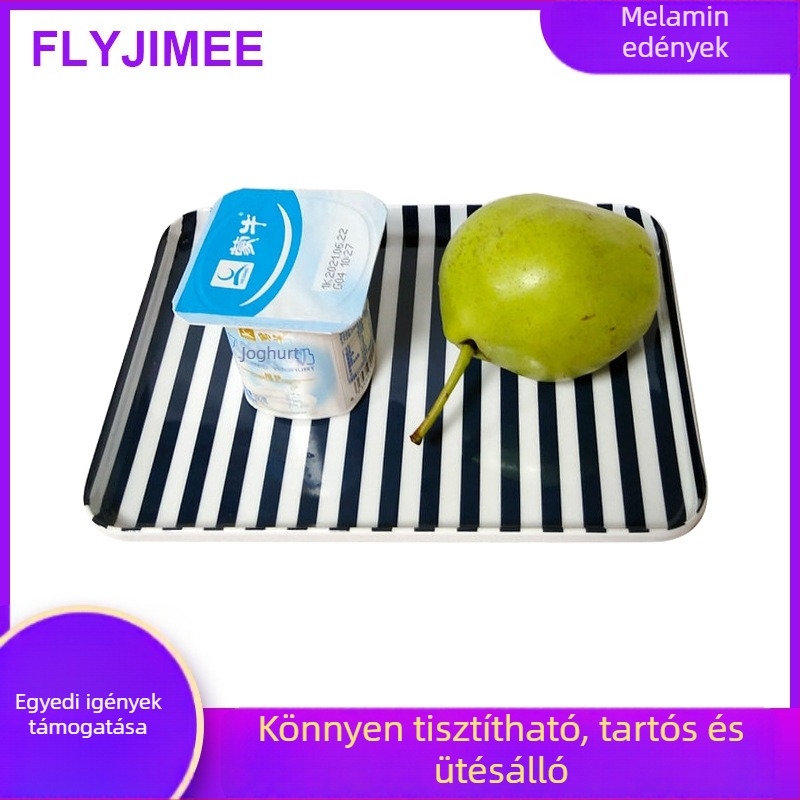 8 hüvelykes melamin tálca porcelánhatású, négyszögletes tálaló tál kenyérre, süteményre és desszertekre, csíkos mintával, modern minimalist stílus