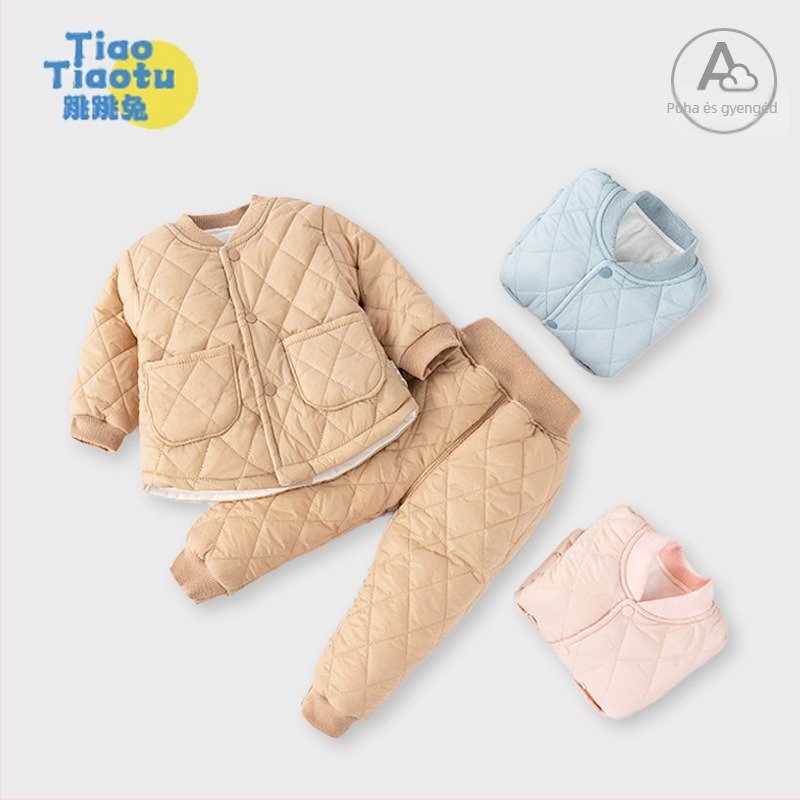 Koreai-stílusú téli gyerekruha két darabból álló készlet, 100% pamut, 120 g szigeteléssel, hosszú ujjú felső és nadrág, egyszínű, 1-3 éveseknek.