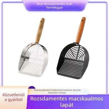 Rozsdamentes acélból készült macskaalom-lapát fin lyukakkal, nagy méretű, tofu-alapú és kevert macskahalmokhoz.