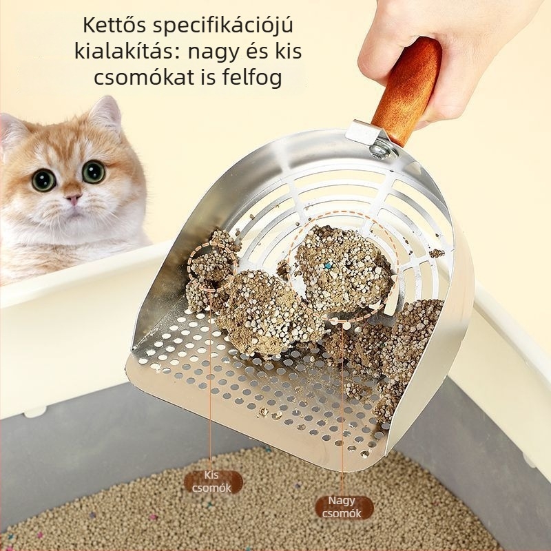 Rozsdamentes acélból készült macskaalom-lapát fin lyukakkal, nagy méretű, tofu-alapú és kevert macskahalmokhoz.