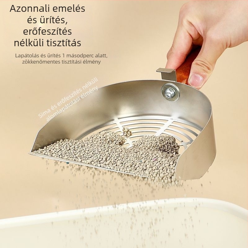 Rozsdamentes acélból készült macskaalom-lapát fin lyukakkal, nagy méretű, tofu-alapú és kevert macskahalmokhoz.