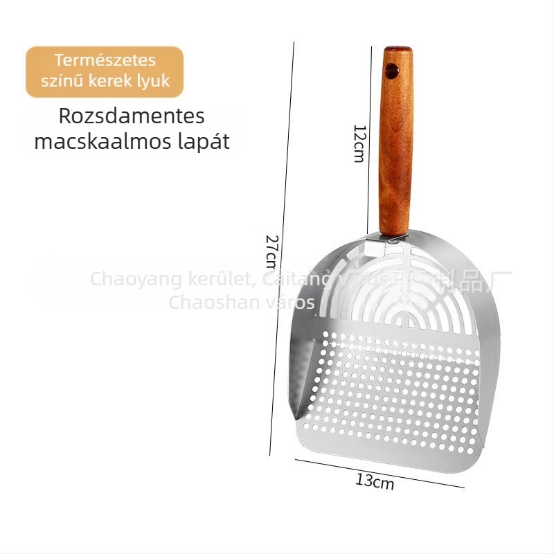 Rozsdamentes acélból készült macskaalom-lapát fin lyukakkal, nagy méretű, tofu-alapú és kevert macskahalmokhoz.