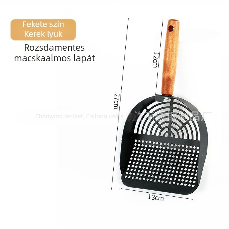 Rozsdamentes acélból készült macskaalom-lapát fin lyukakkal, nagy méretű, tofu-alapú és kevert macskahalmokhoz.