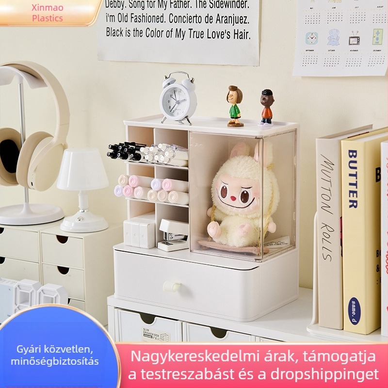 Asztali tároló átlátszó porvédős rekeszekkel, tolltartó és többfunkciós figurákat bemutató doboz – irodai tároló megoldás