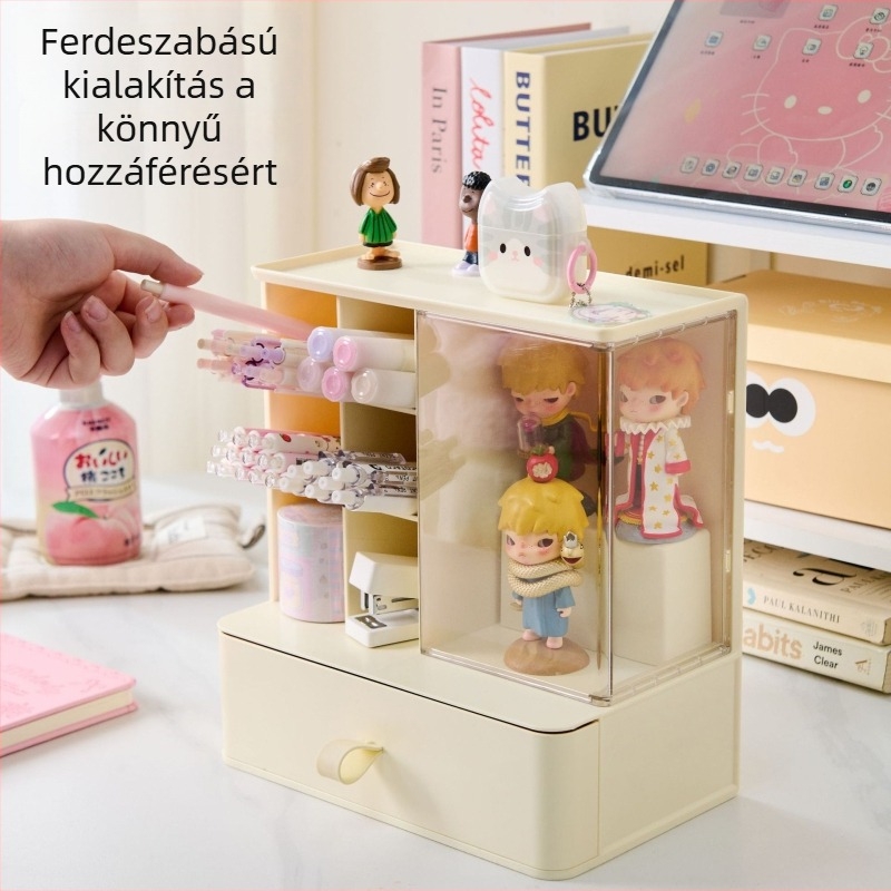 Asztali tároló átlátszó porvédős rekeszekkel, tolltartó és többfunkciós figurákat bemutató doboz – irodai tároló megoldás
