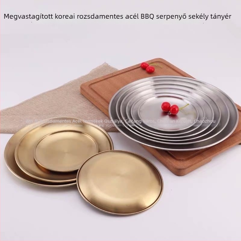 Koreai stílusú 304 rozsdamentes acél grills tál, kör alakú kávézó tálca, vékony tál könnyű ételekhez és nyugati desszertekhez, logóval