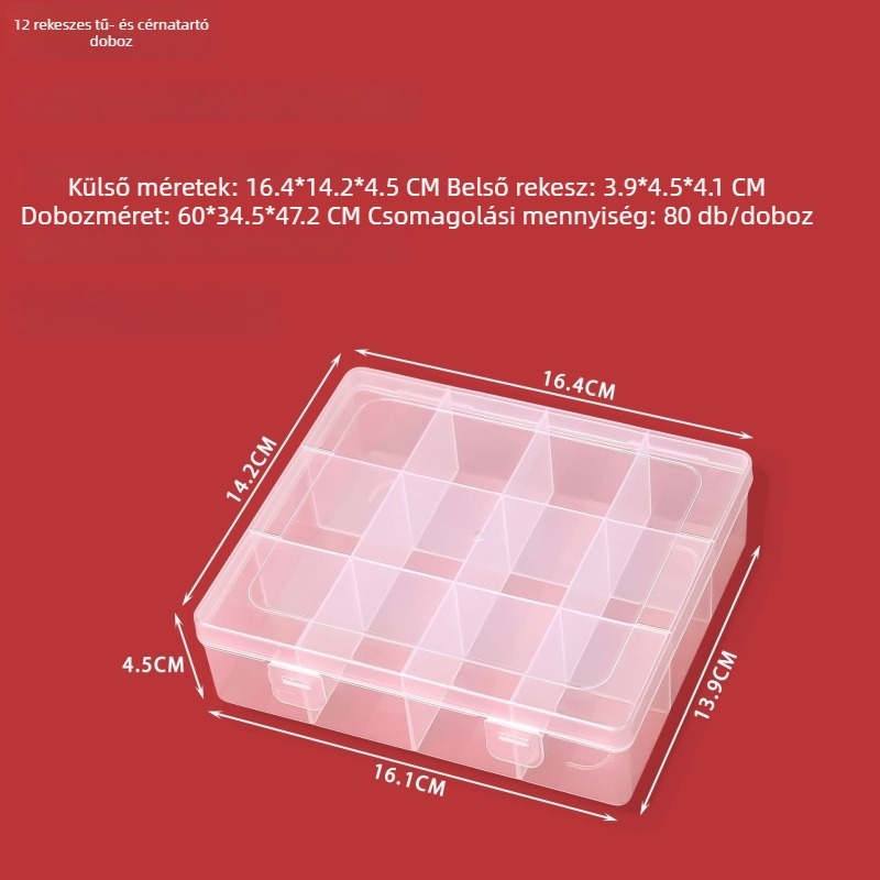 Fedővel ellátott műanyag tárolódoboz, 9–12 rekesz, varráshoz, gyöngyöknek, ékszerekhez és apró hardverhez