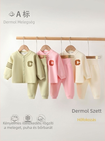Őszi–téli meleg két részes pizsama szett, magas derekú hasvédő dizájn, semleges színű