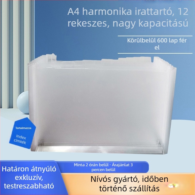 A4-es akordeon formátumú többrekeszes irattartó, 12 rekesszel, PP hab anyagból, nagy kapacitású asztali dokumentumtároló
