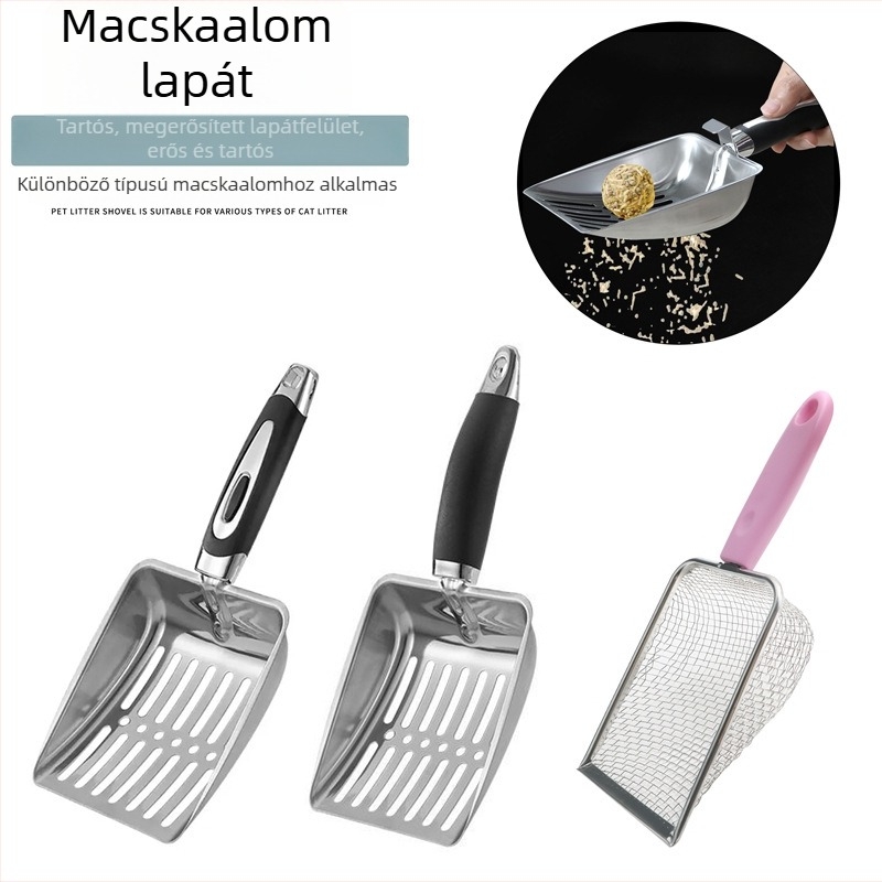 Rozsdamentes acélból készült macskaalom lapát szűrővel, nagy nyílású, bentonit tofu macskaalomhoz