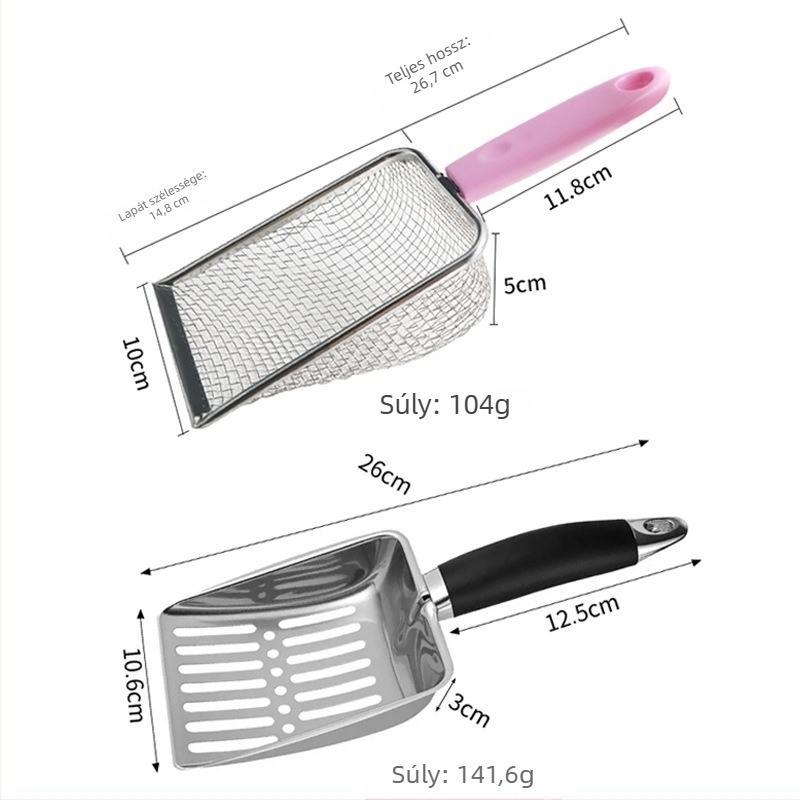 Rozsdamentes acélból készült macskaalom lapát szűrővel, nagy nyílású, bentonit tofu macskaalomhoz